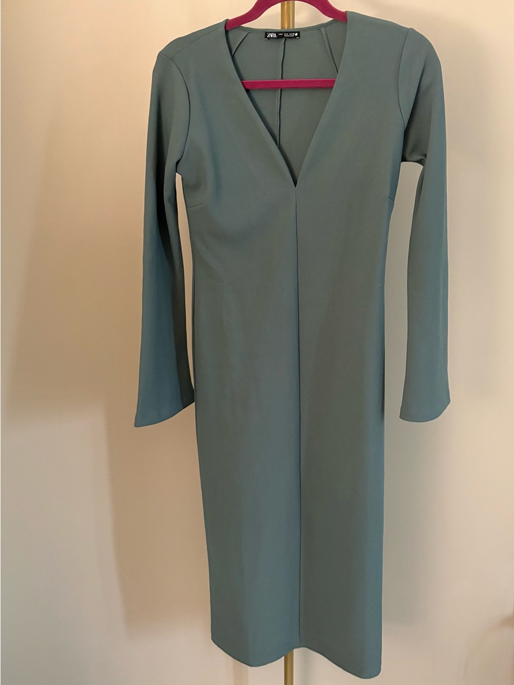 Zara Sage Green Long Sleeve V-Neck Midi Dress, Size Small - Minimal Silhouette